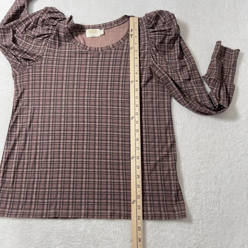 Nation Ltd Long Sleeve Top Sz L Plaid Brown 100% Pima Cotton MInimalist - Picture 10 of 12